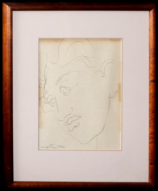 1950 Hawaii Koa Framed Ink Drawing Hawaiian Woman Head by Madge Tennent (PeN)