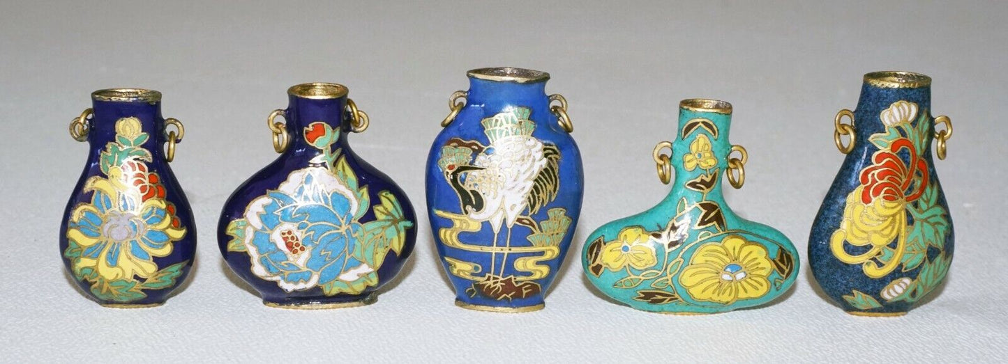 5Pc Chinese Cloisonne Enamel Miniature Vases w. Floral & Bird Motifs (DeL) #3