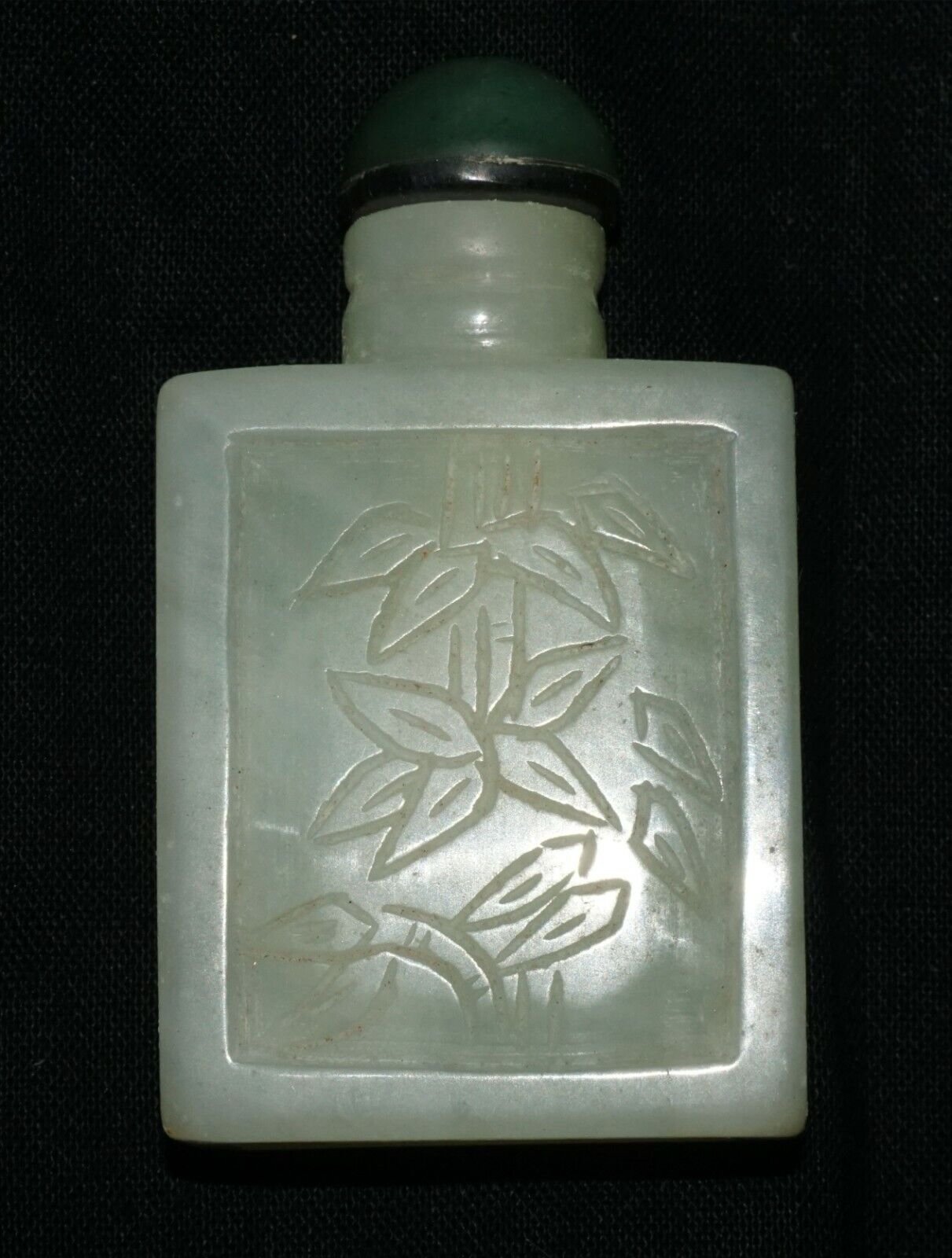 Vintage Chinese Jade Carved Snuff Bottle w. Bamboo Motif & Jade Stopper (LeS) G2