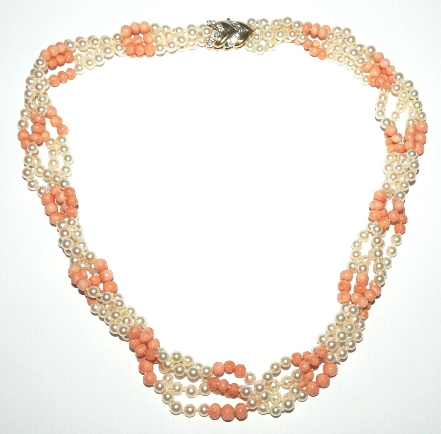 Vtg. 14K Y. Gold 4x Strand Mini Pearl & Pink Coral Bead Checker Necklace (PaS)