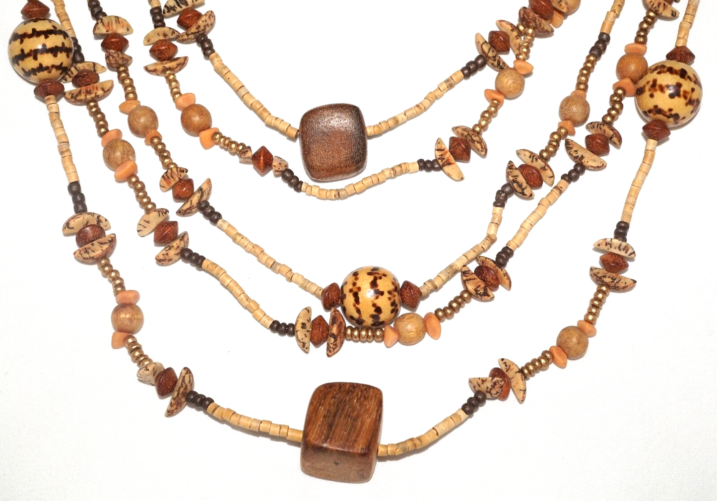 Multi Strand Coconut Shell & Wood Bead Ethnic Necklace & Earring Set (MaM)9