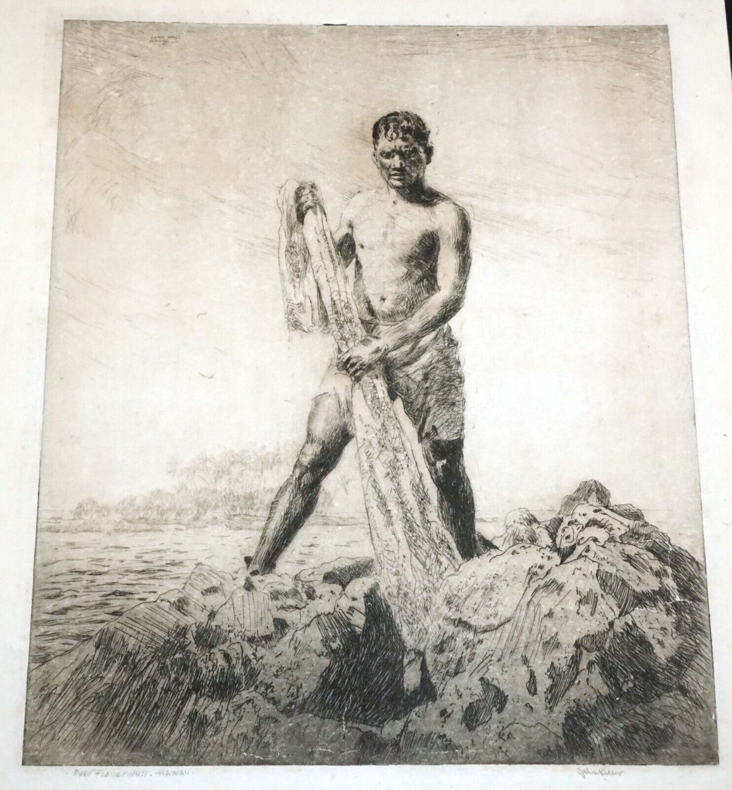 1928 Hawaii Etching Print Reef Fisherman by John Melville Kelly (1879-1962)(Kel)