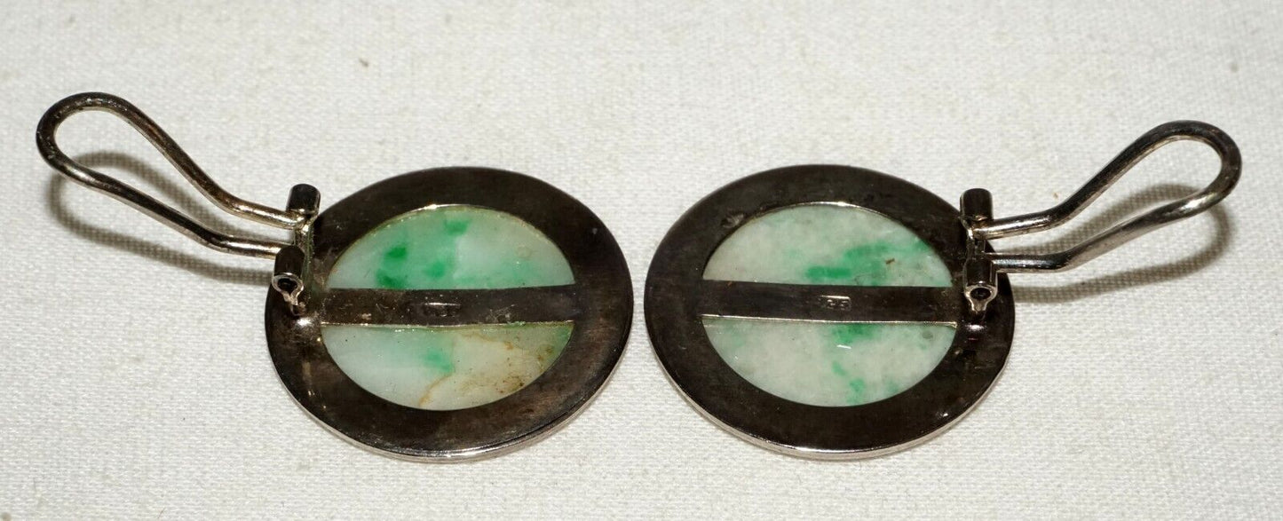 Vtg Sterling Silver White & Apple Green Jadeite Jade Button Ear Clips (LeS)L24