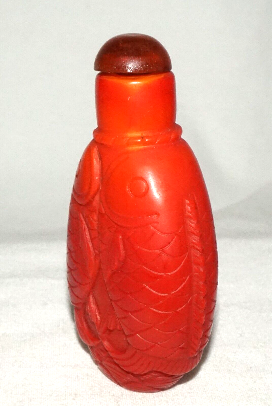 Vintage Chinese Red Glass Snuff Bottle w. Double Leaping Carp Motif (FeH)