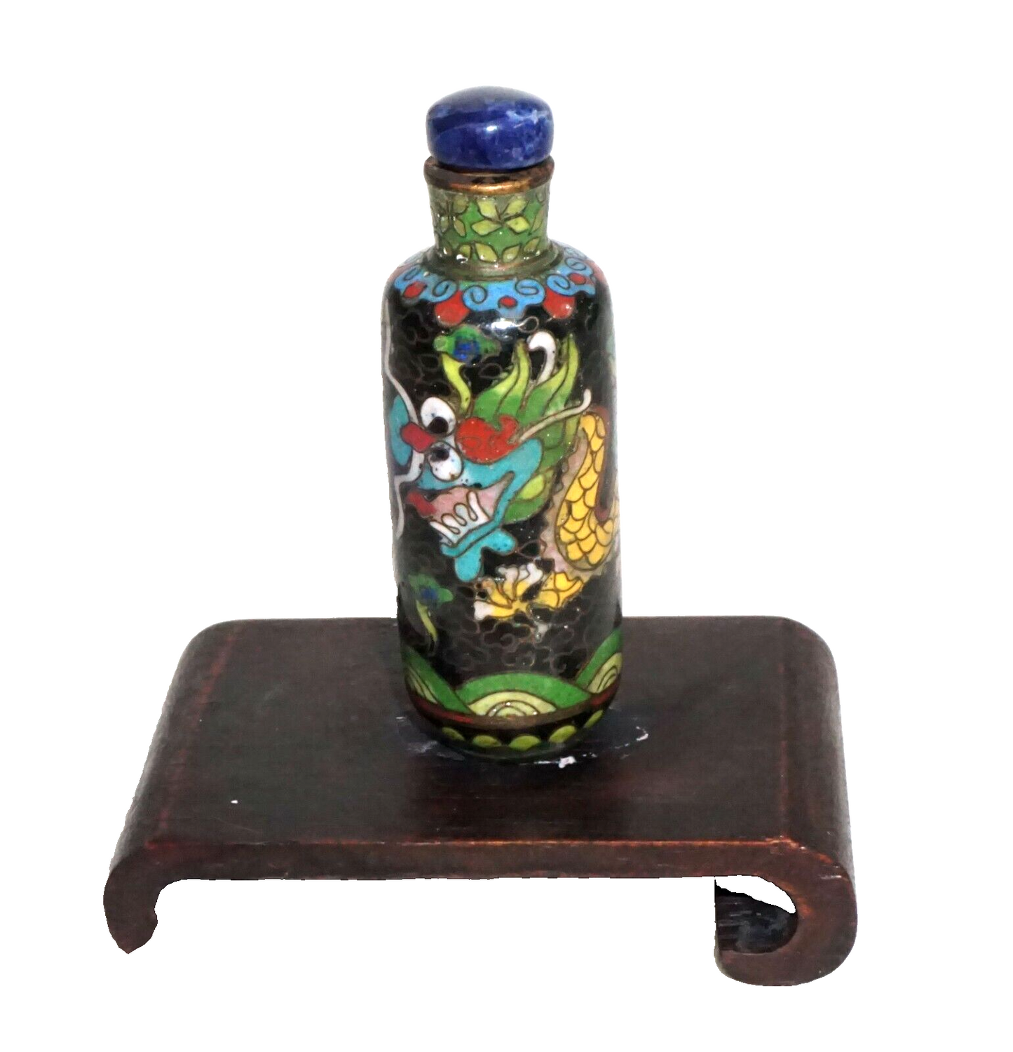 Vintage Chinese Cloisonné Snuff Bottle Writing Dragon Motif w. Sodalite (Kai)