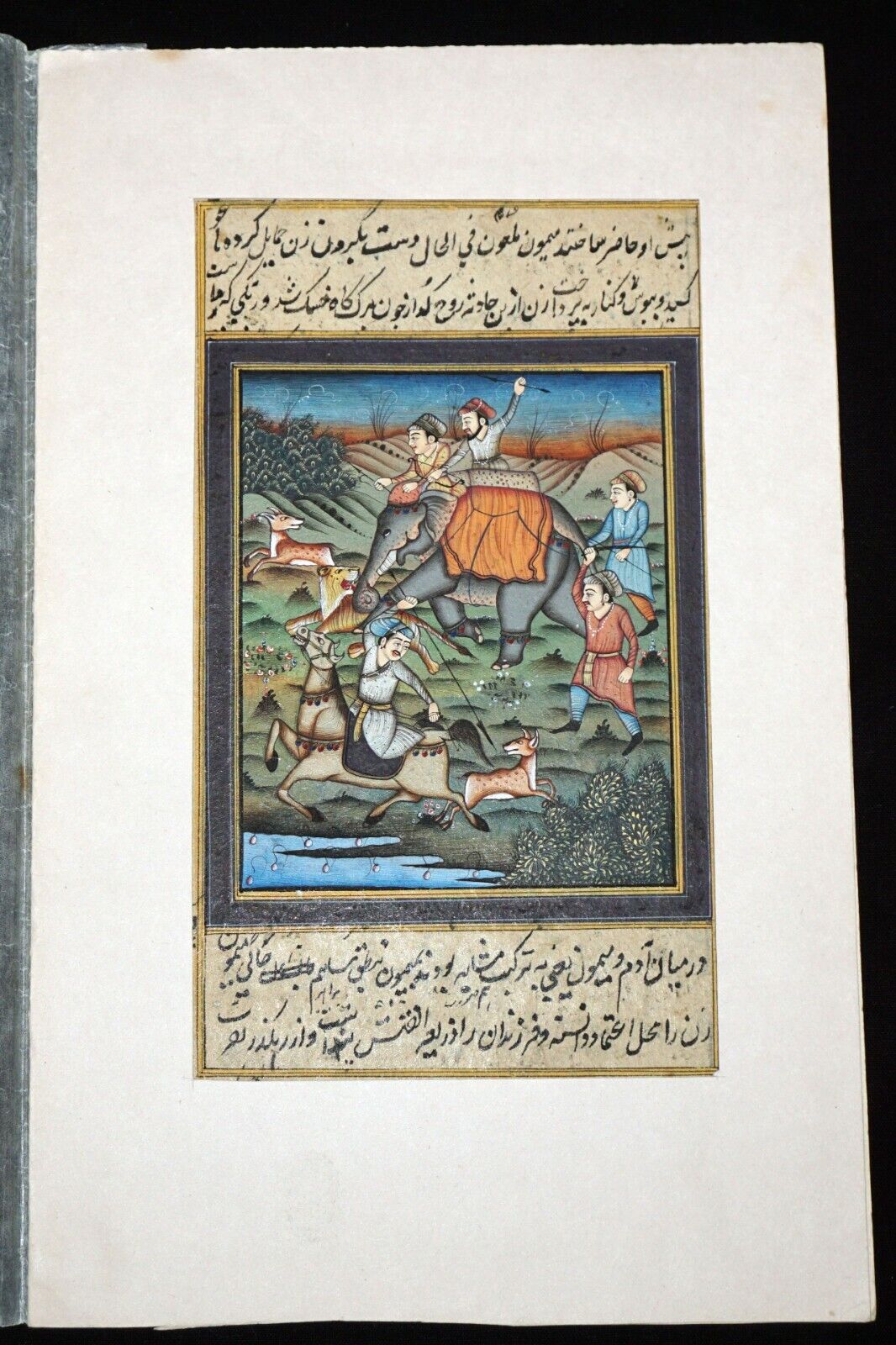 18/19C Indian Color Hunting Scene Mogul Paintings on Book Page (NiT) #3