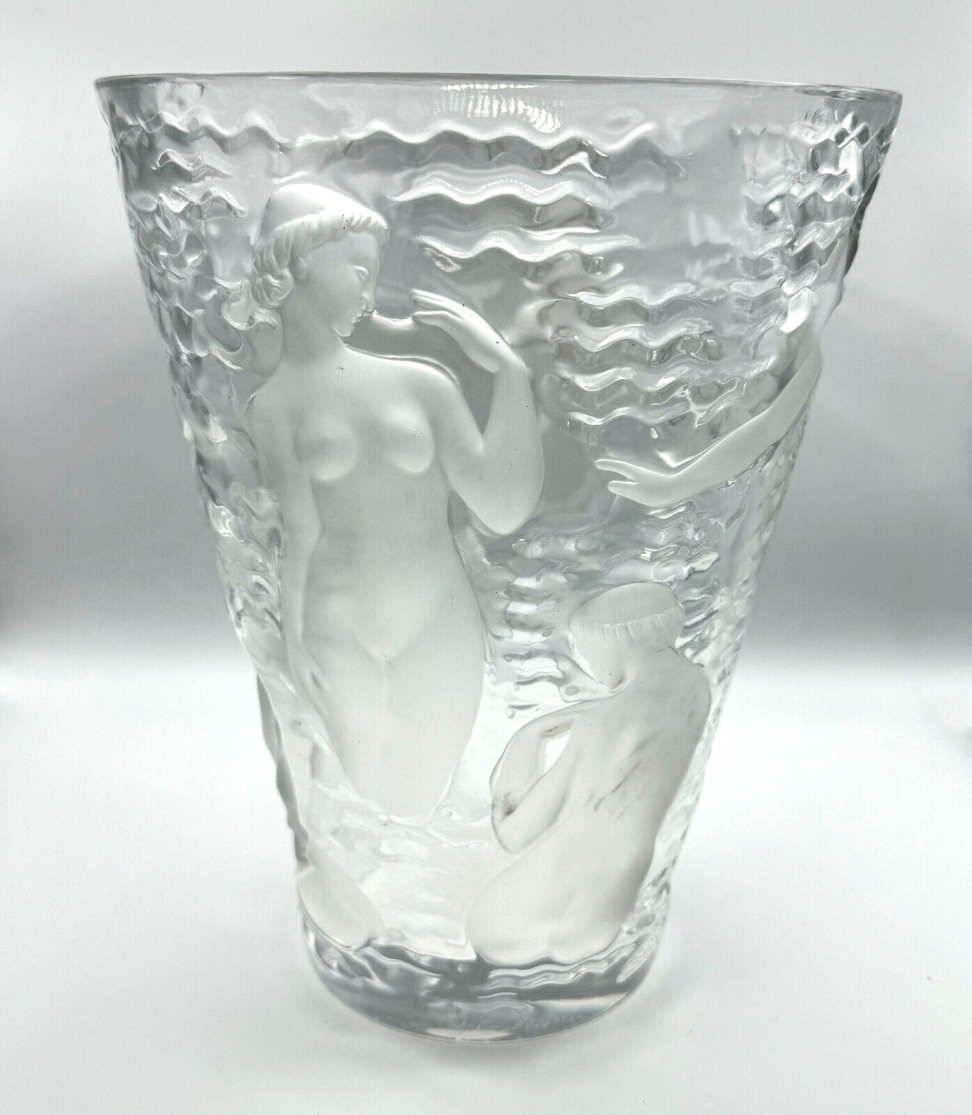 Vintage French Frosted Crystal Lalique Ondines Nudes Vase (AHB)