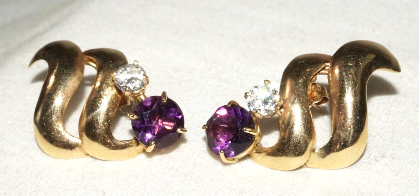 Vintage Modernist 14k Yellow Earrings 2x Amethysts & 2x Cubic Zirconia (GoB)#18b