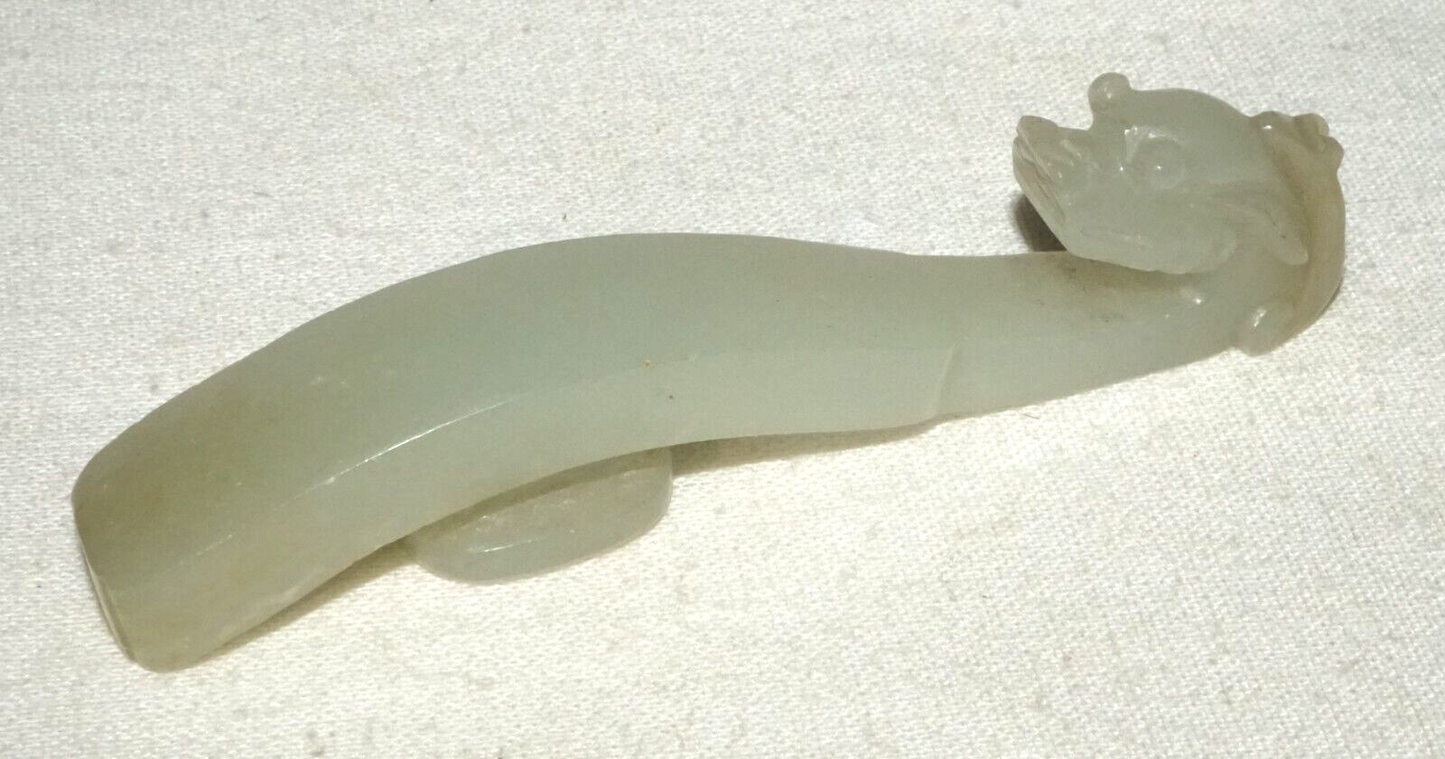 Antique Chinese Grey Green Nephrite Jade Dragon Belt Hook (UVi)#20