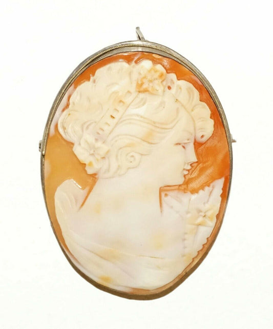Italian Sterling Silver Shell Cameo Brooch Pendant w. Female by Giorgio (BrM)#9