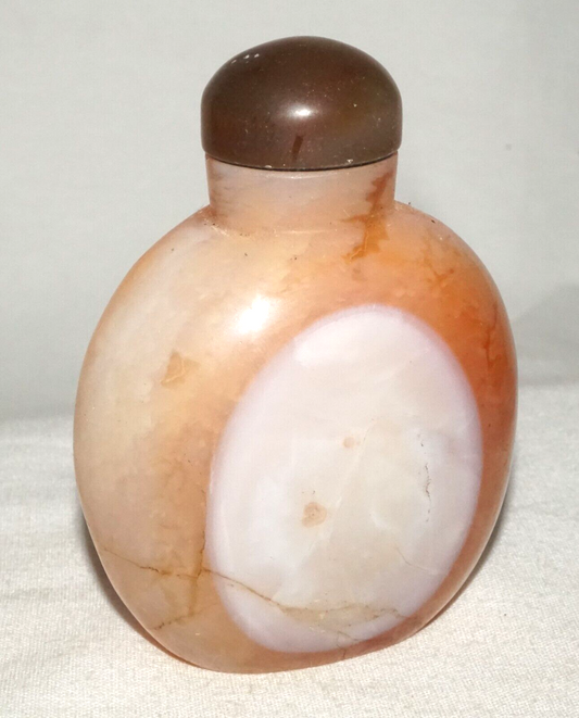 Vintage Chinese Orange & White Agate Snuff Bottle w. Stone Stopper (FeH)