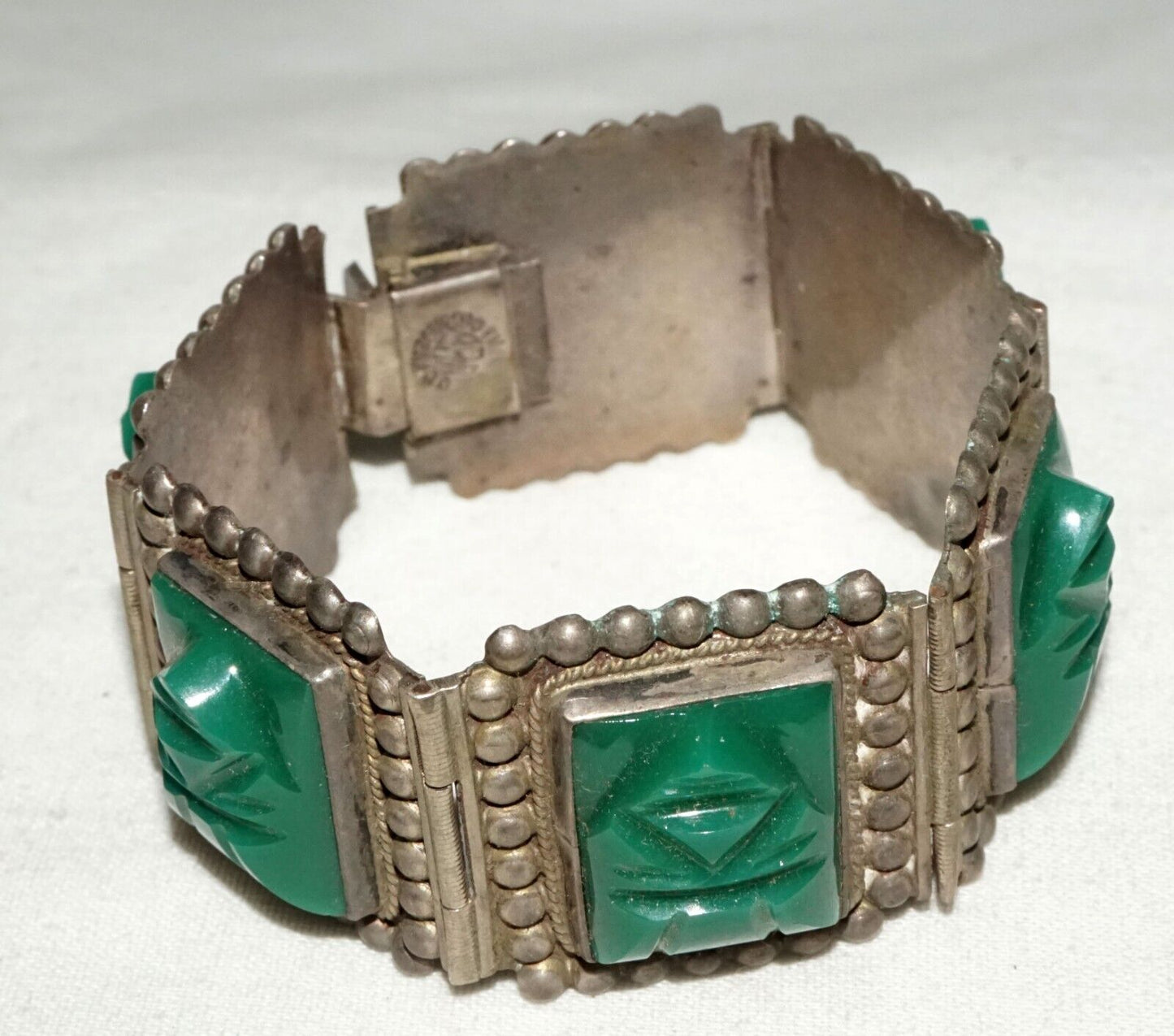 Vtg Mexican Modernist Sterling Silver & Green Synthetic Accents Bracelet (TuD)