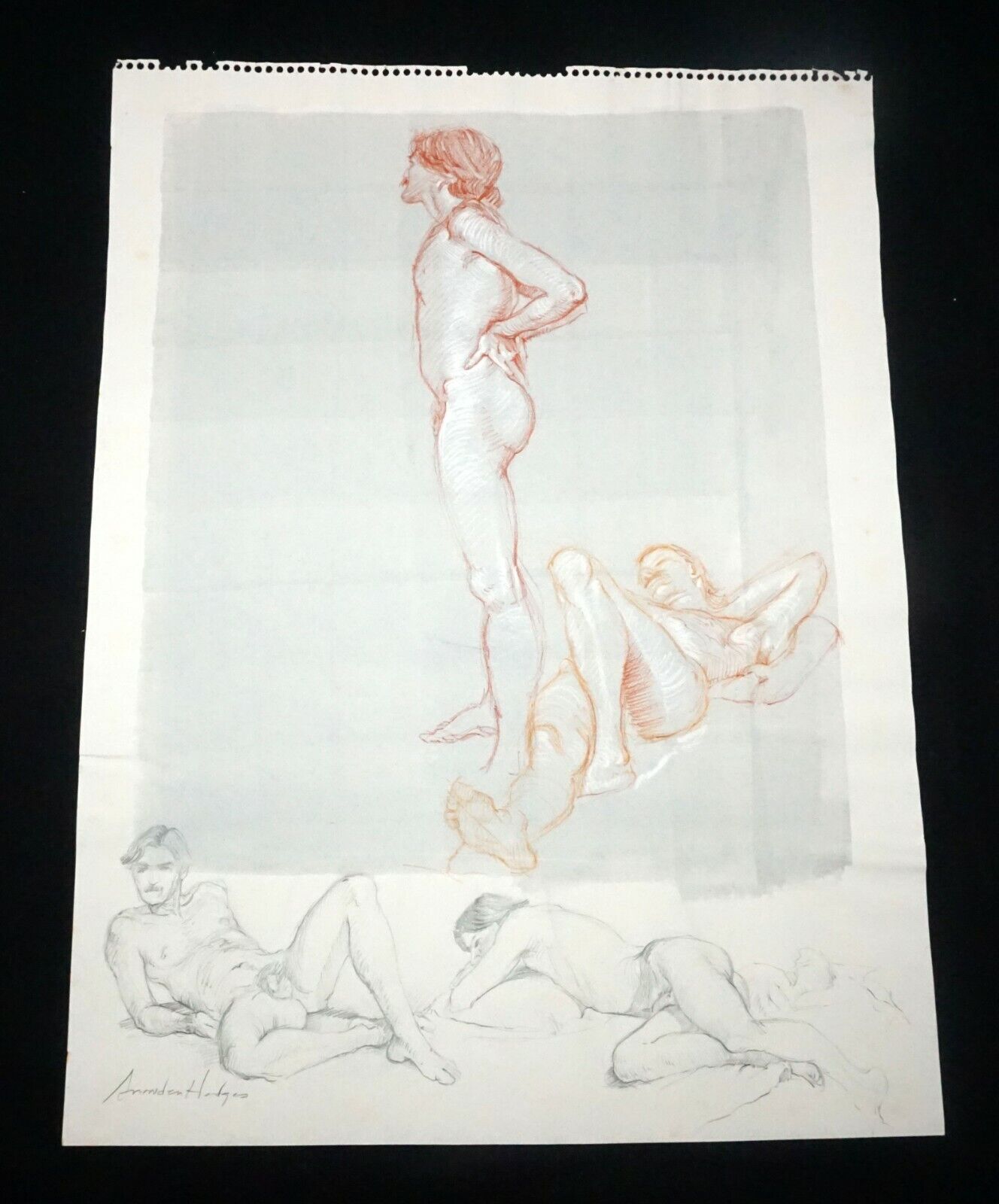 Hawaii Mixed Media WC Wash Drawing Painting Male Nude by Snowden Hodges (Sho)#39