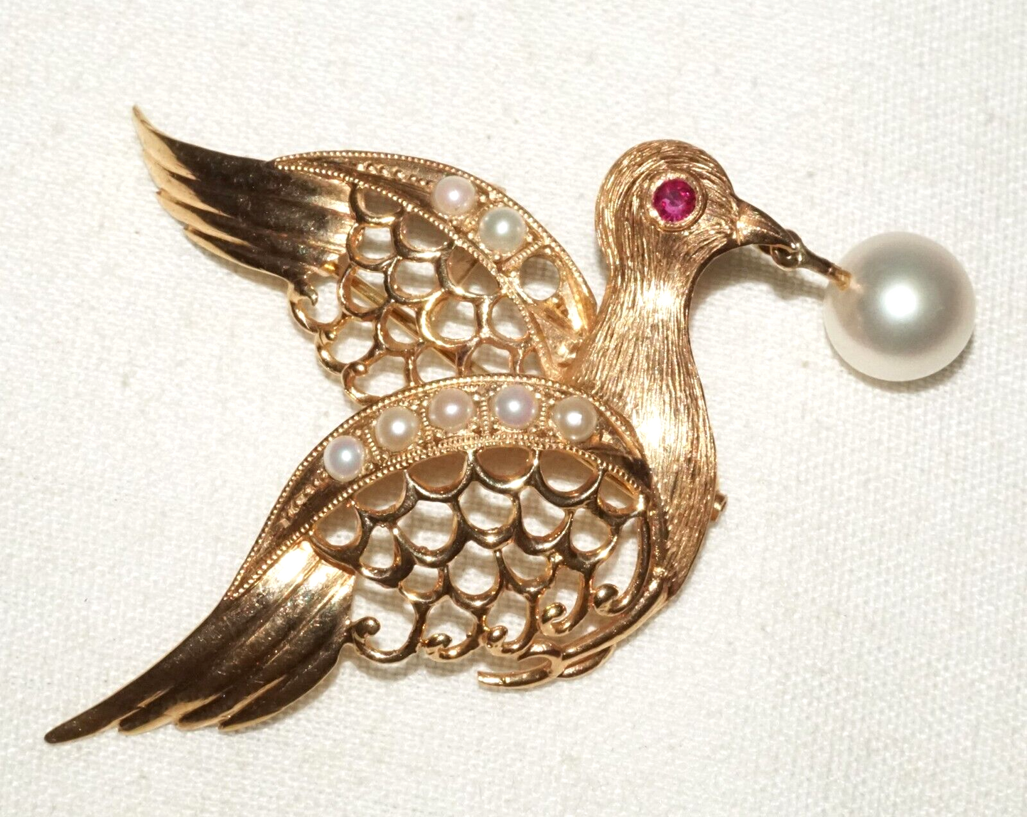 Vintage 14k Yellow Gold Dove Motif Brooch Pendant w. Ruby & Pearl Accents (KiL)