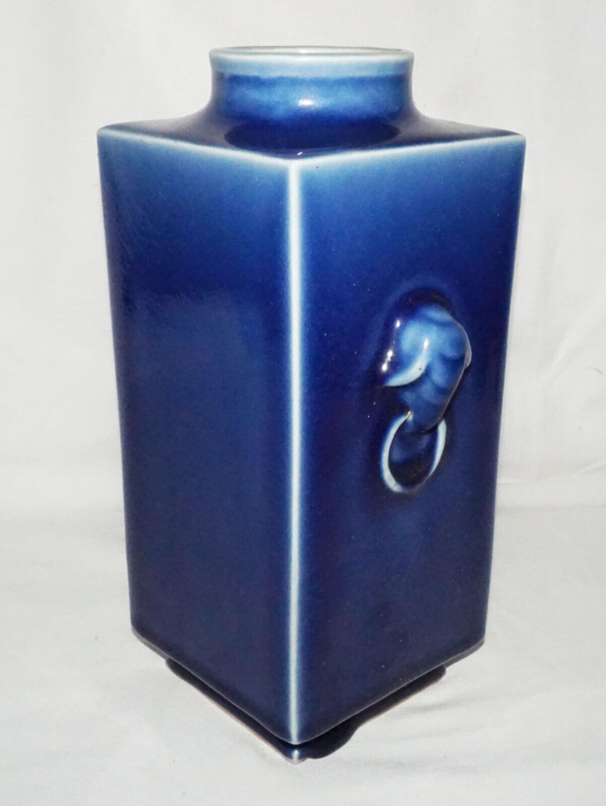 Chinese Blue Glazed Square Cong Form Vase w. Elephant Handles & Reign Mark(LeS)