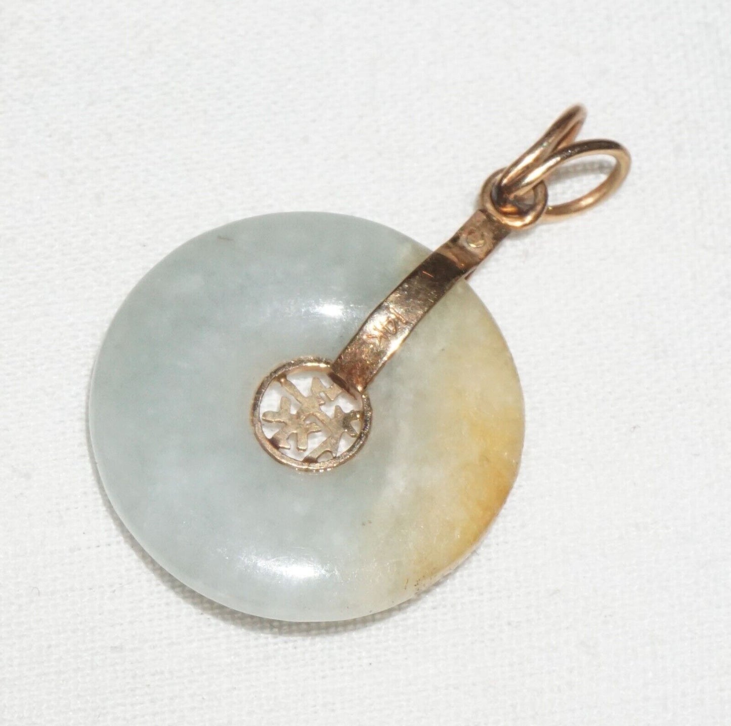 Vintage Chinese 14k Yellow Gold Jadeite Jade Disk Pendant w. Auspicious(BrM) L17