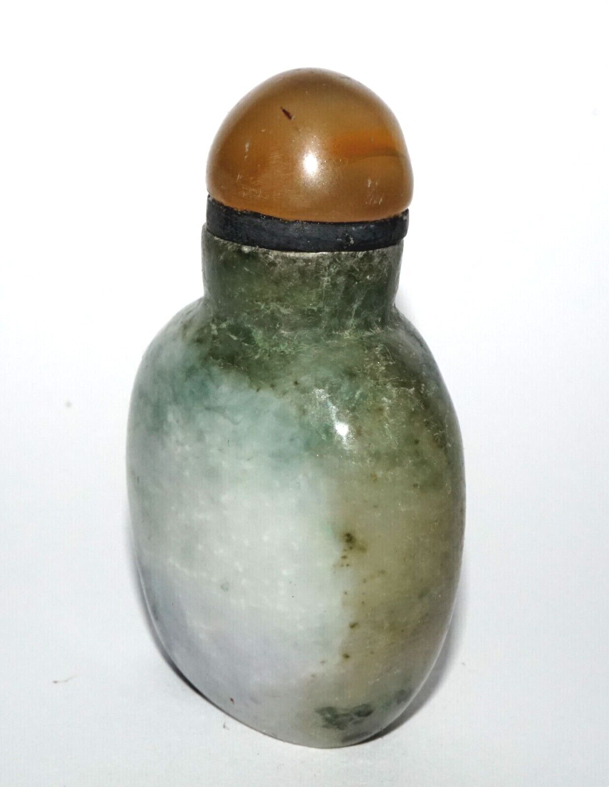 Vintage Chinese Jadeite Jade Carved Snuff Bottle w. Agate Stopper (LeS) G12