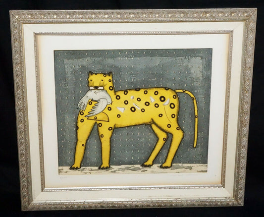 Vintage Color Etching Print 87/100 "Leopard w. Dove" by Mano Romero (ChA)