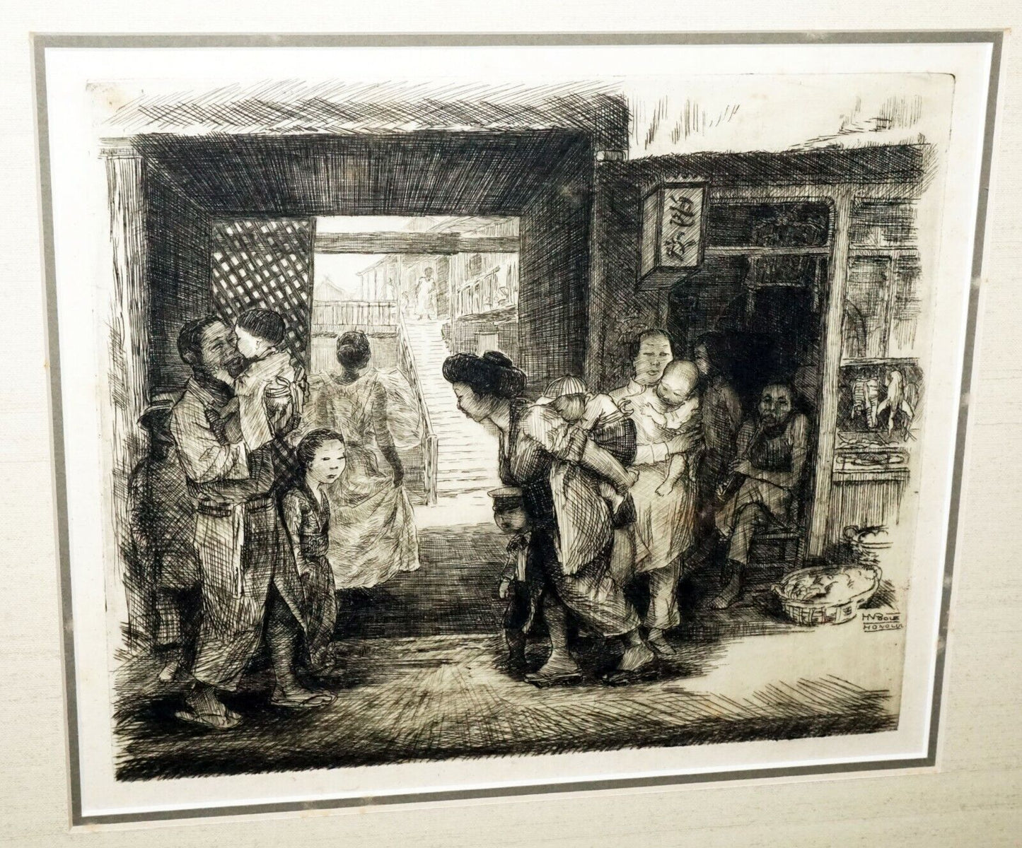 1920s Hawaii Etching Print "Chinatown" by Horatio Nelson Poole (1884-1949)(CWo)