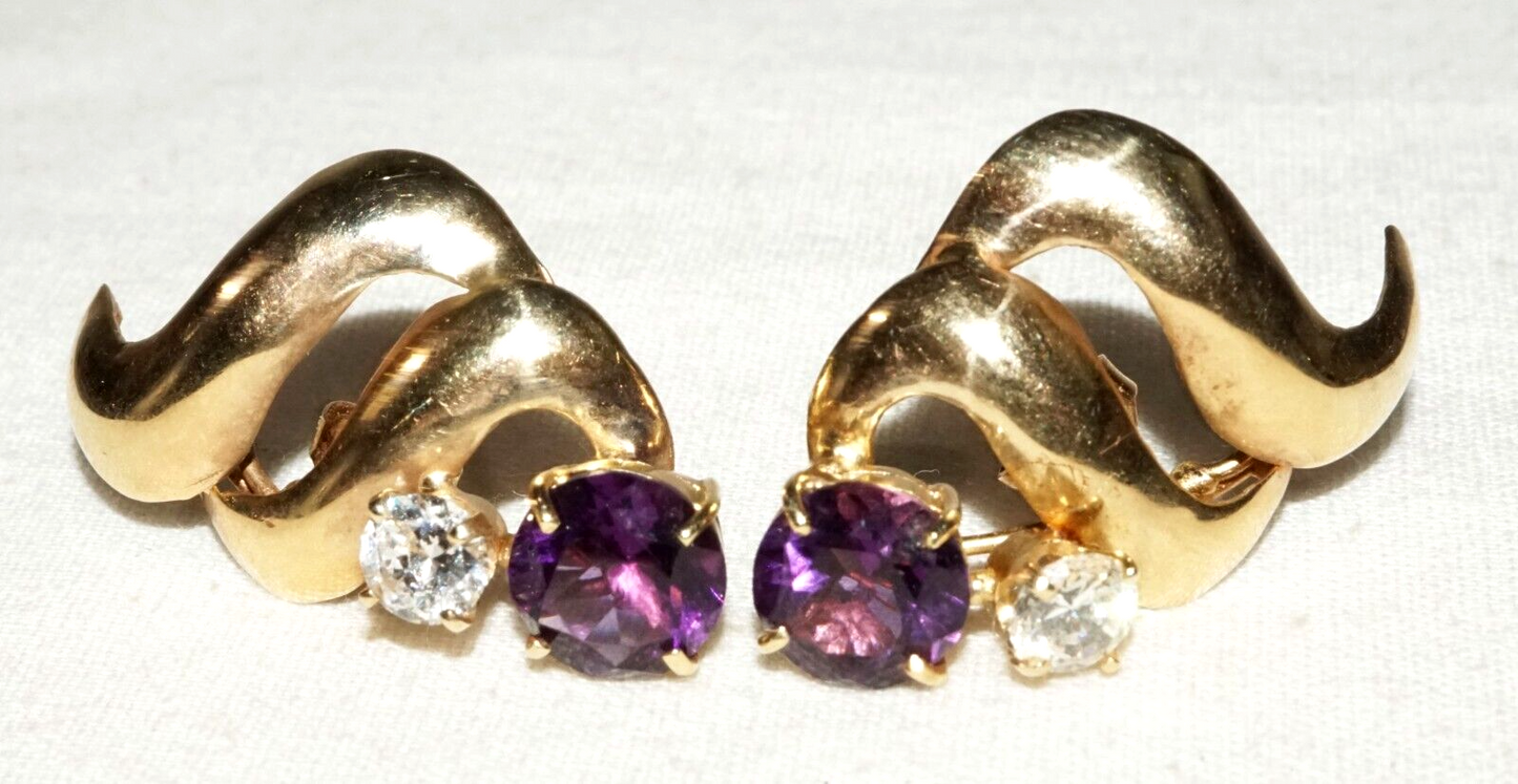 Vintage Modernist 14k Yellow Earrings 2x Amethysts & 2x Cubic Zirconia (GoB)#18b