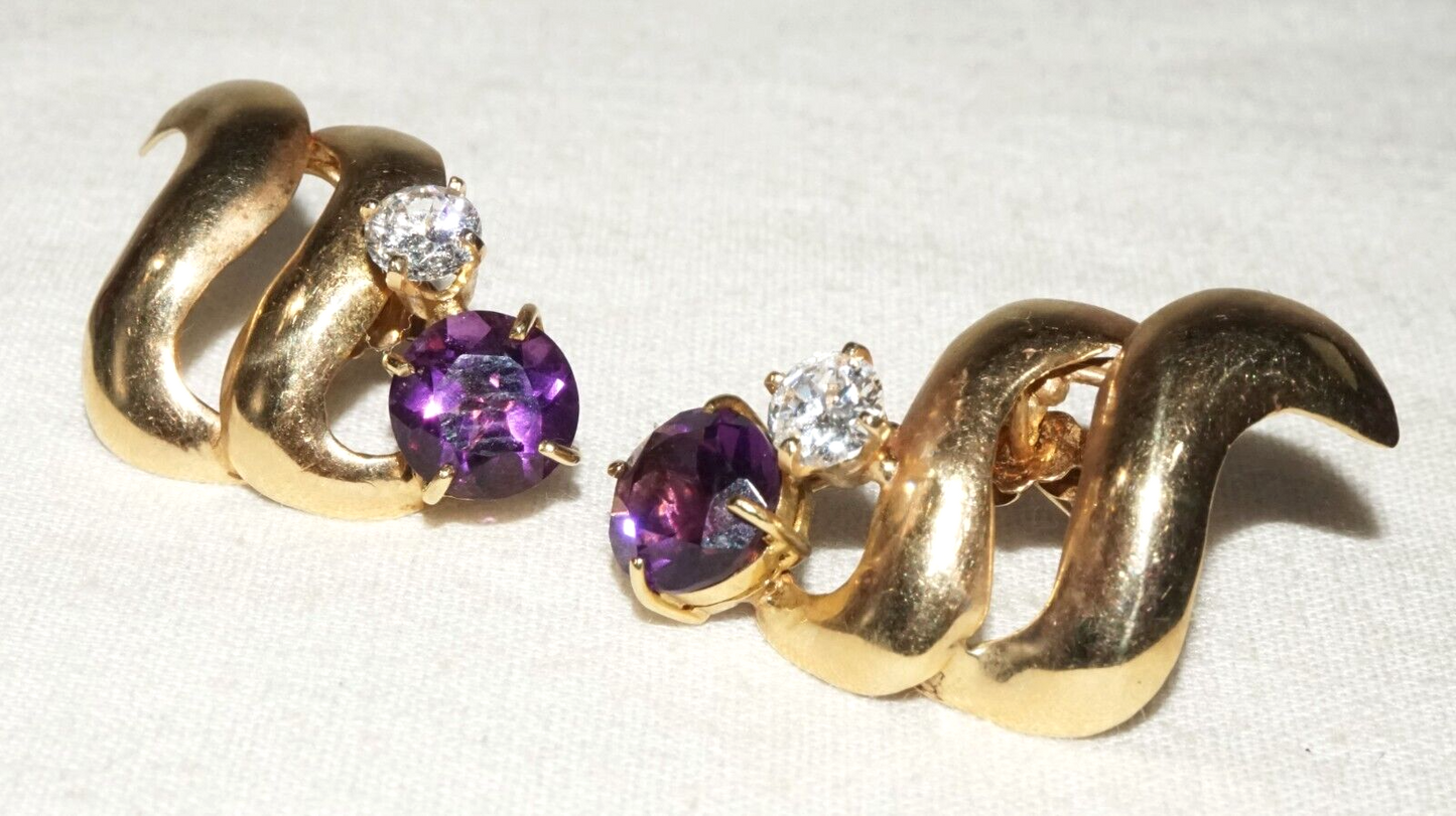 Vintage Modernist 14k Yellow Earrings 2x Amethysts & 2x Cubic Zirconia (GoB)#18b