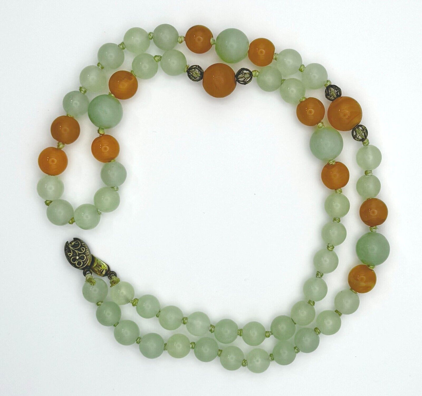 Vtg Chinese Celadon Jade & Carnelian Bead Necklace 27" w Filigree Clasp (MiM)