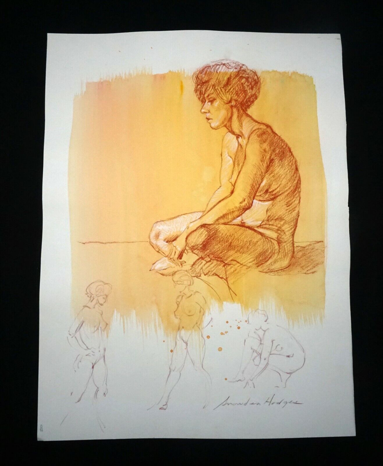 Hawaii Mixed Media Wash Painting Seated Female Nude Side Snowden Hodges(Sho)#129