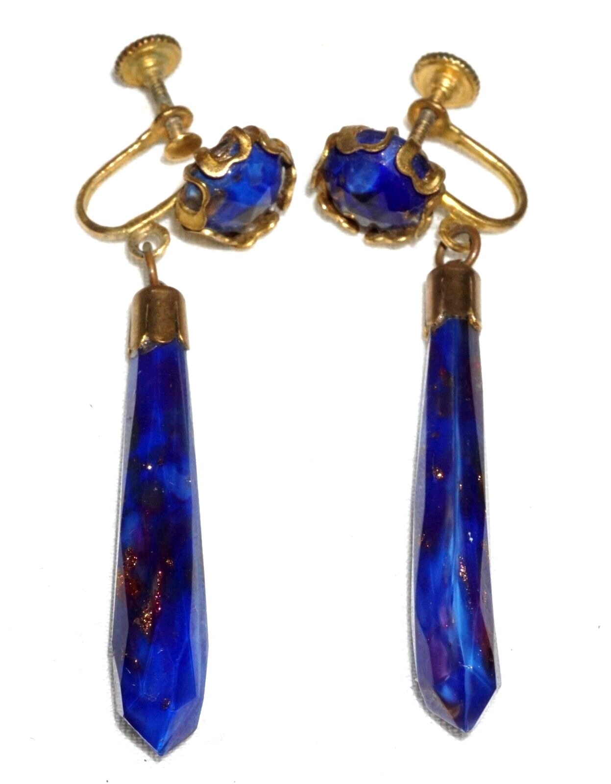 Vintage Yellow Gold Dangle Earrings set w. Blue & Gold Synthetic Accents (***)