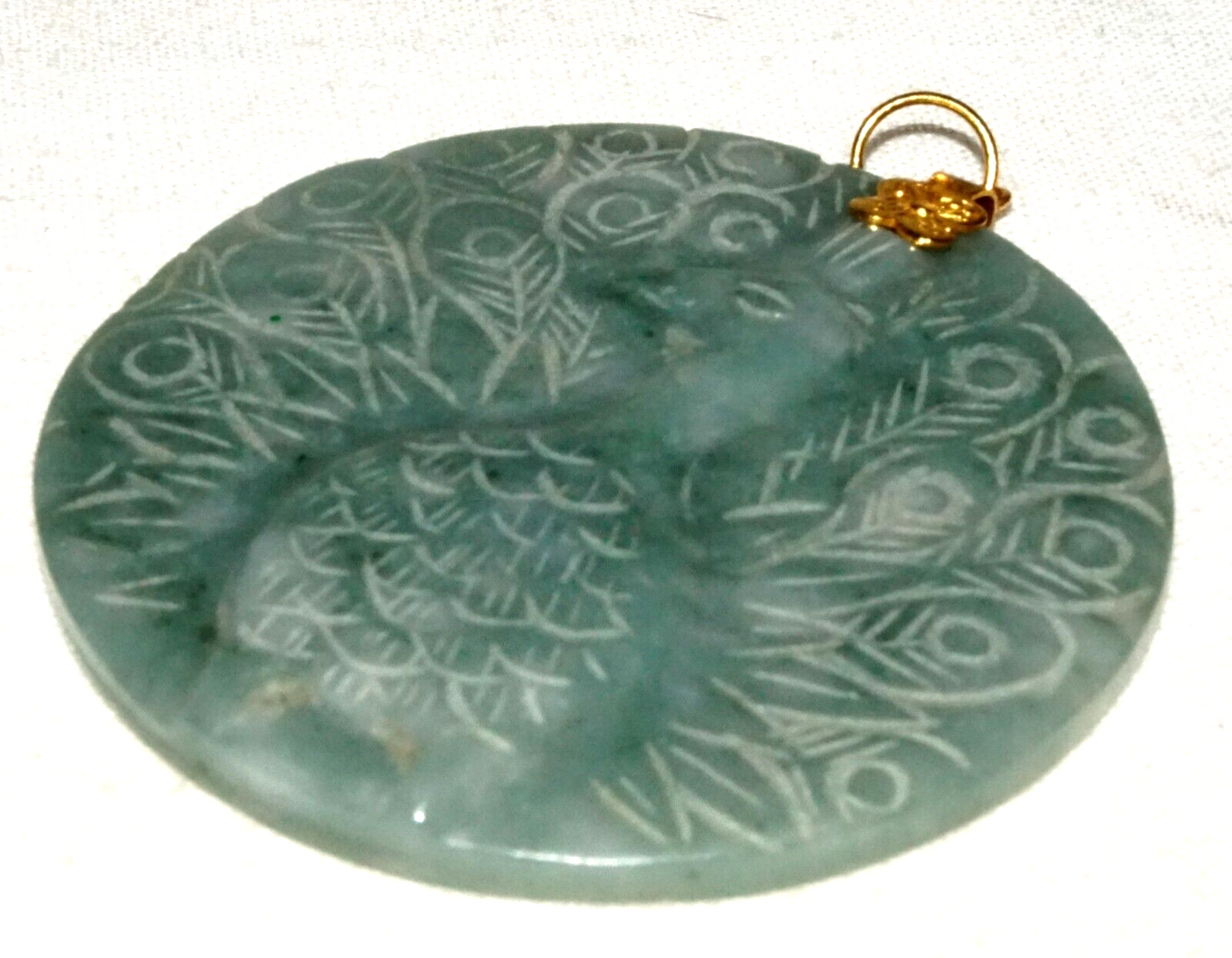 Vintage Chinese Blue Green Jade Disk pendant w. Peacock Motif (InS)#L4