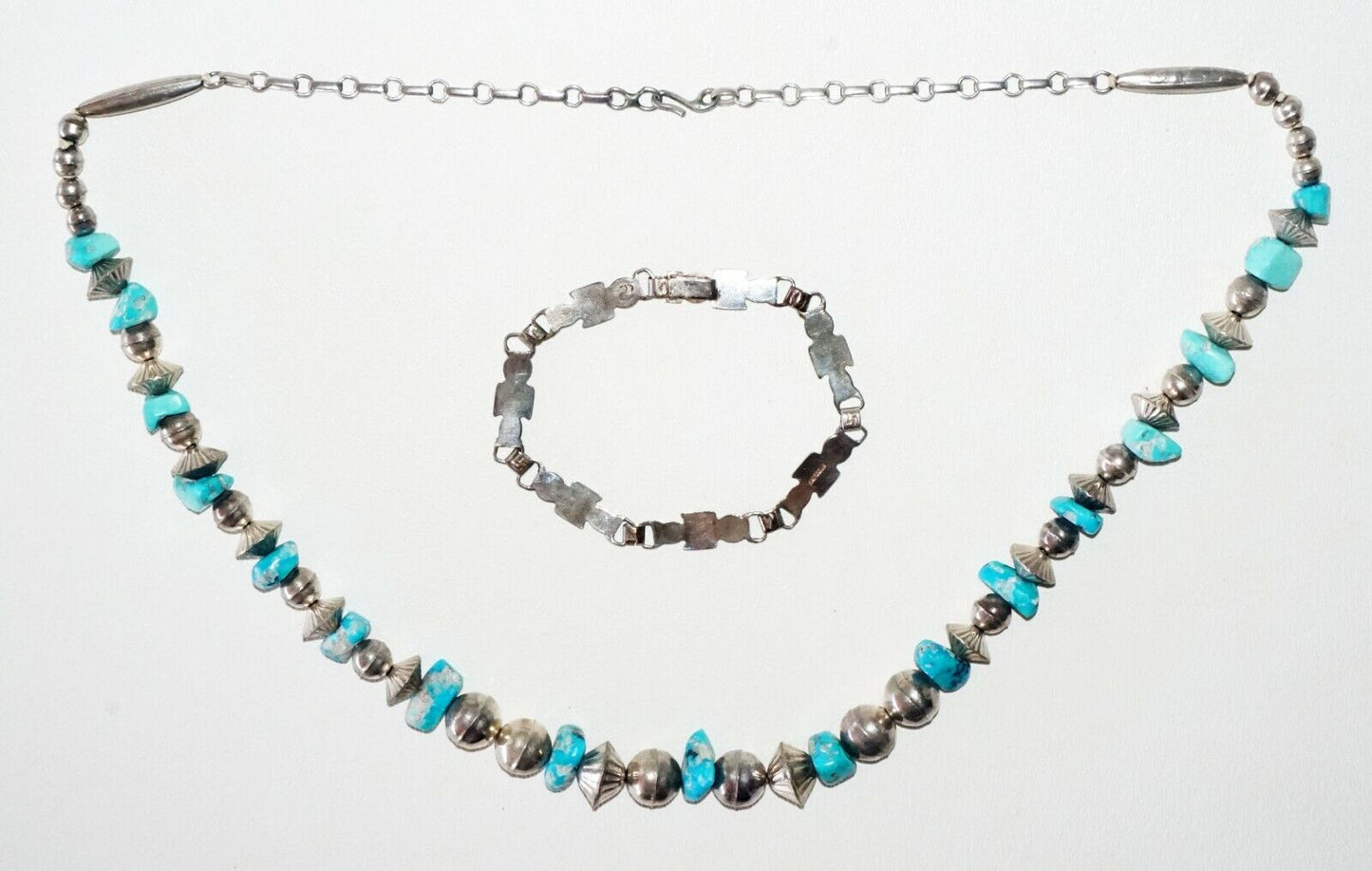 2Pc S.W. Silver & Turquoise & Enamel Tribal Bead Necklace & Bracelet (TaE) #44