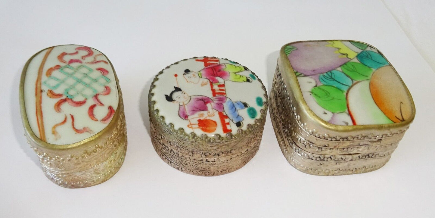 3x Chinese Silver & Enameled Pottery Shard Boxes w. Floral & Figure Motifs (Wok)