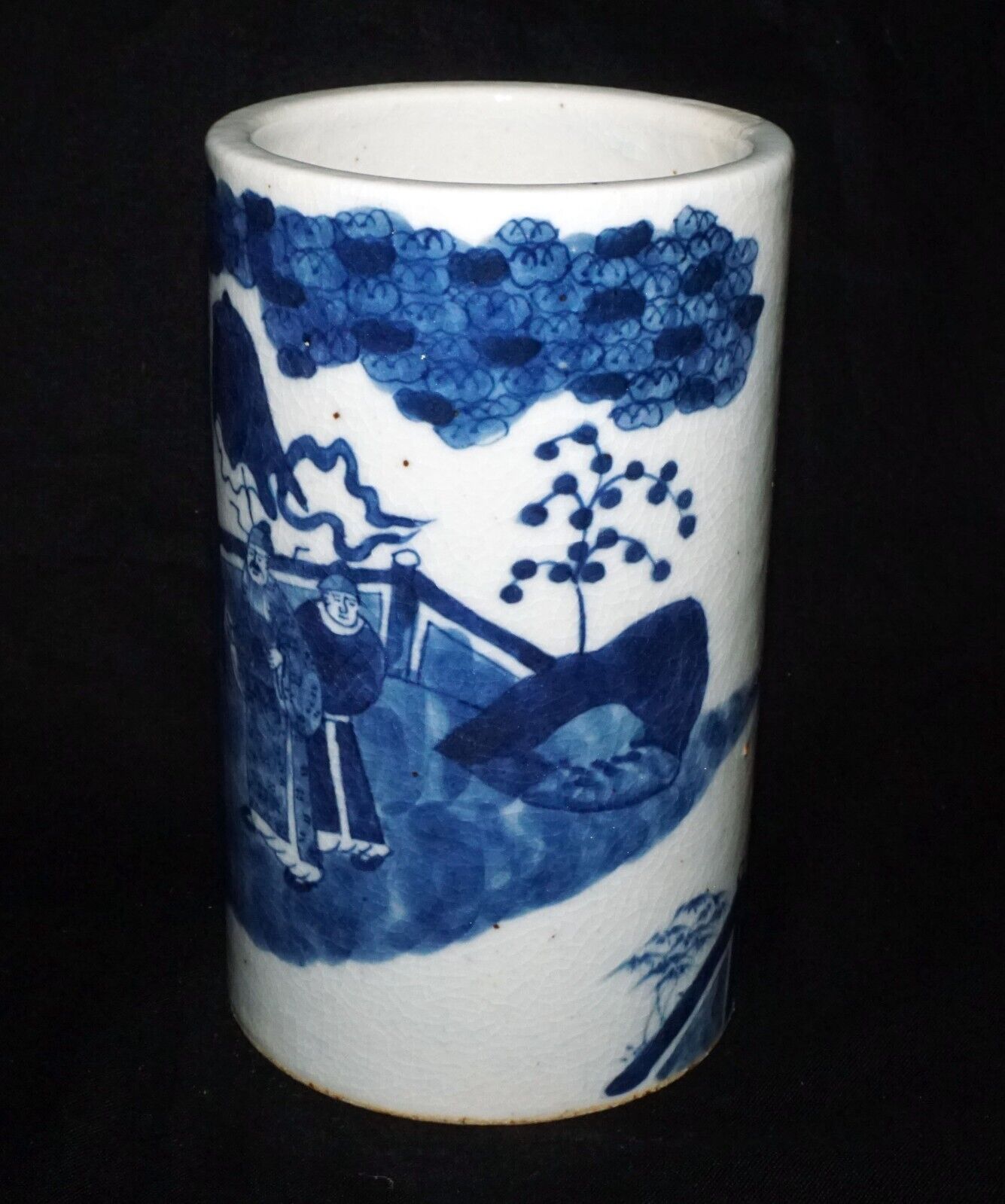 Chinese Blue & White Pottery Brush Pot w. Court-scene w Garden Motif (LeL) IC