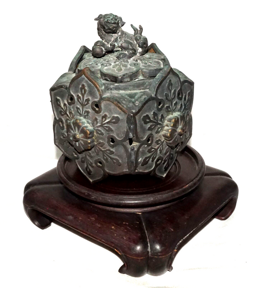 Chinese Bronze Flower Motif Incense Burner w. Foo Dog Finial on Base (WiR)