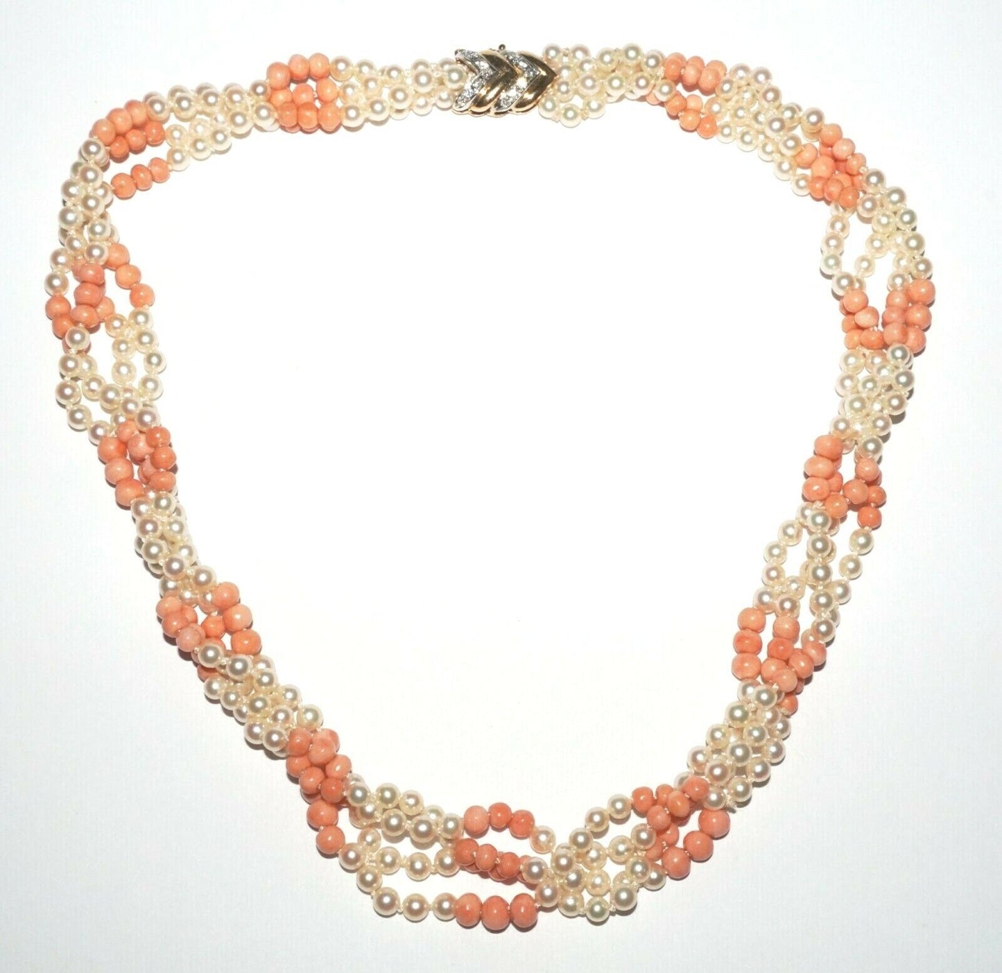 Vtg. 14K Y. Gold 4x Strand Mini Pearl & Pink Coral Bead Checker Necklace (PaS)