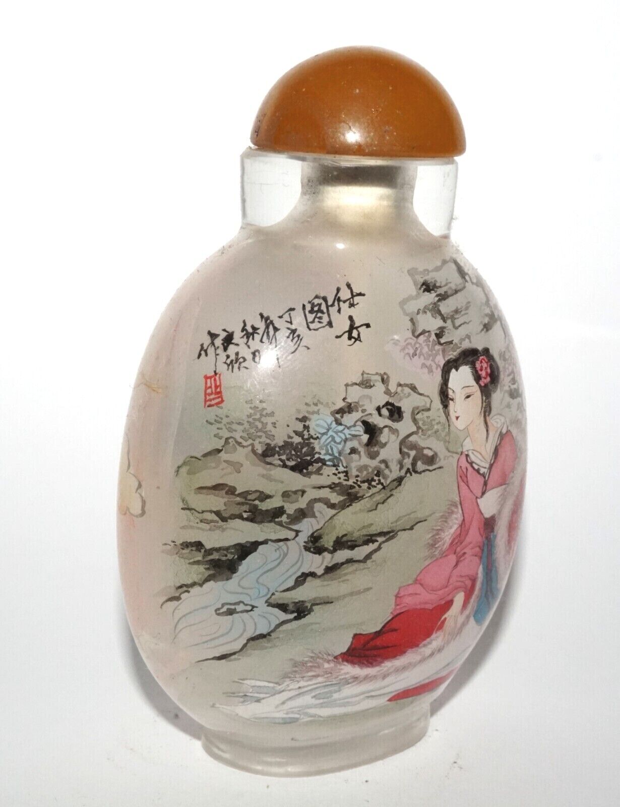 Vintage Chinese Reverse Painted Glass Snuff Bottle w Woman Motifs (LeS) G12