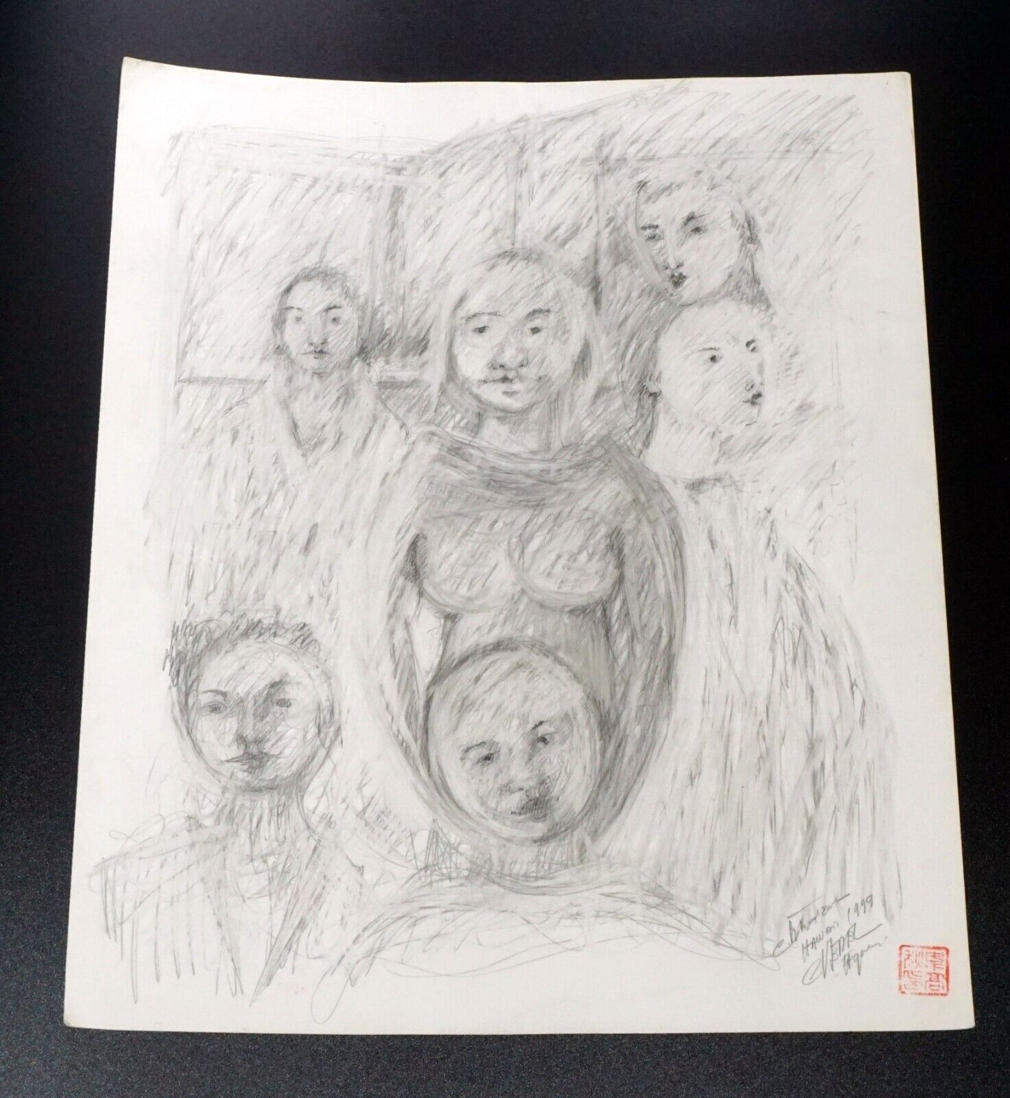 France Hawaii Outsider Art Pencil Drawing Female Figures by Claude Vedel (EtJ)#9