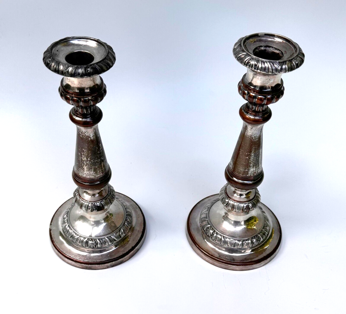 Vintage Georgian Pair Silver Plated Candle Sticks 9 3/8 " (WeP)