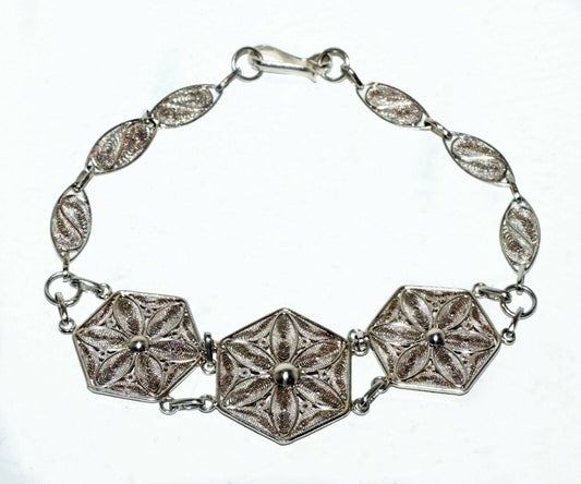 Vintage Silver Filigree Flower Motif Link Bracelet (LeP)#28