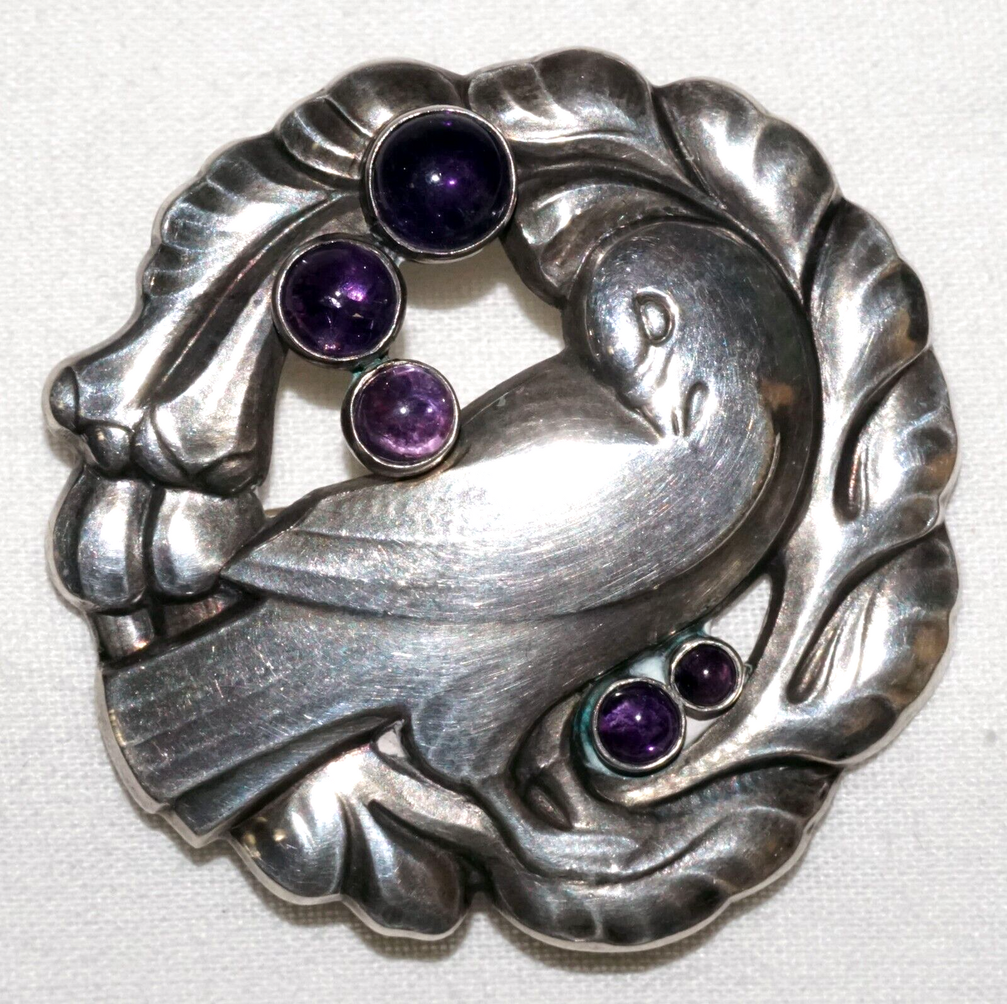 Vtg Denmark Sterling Silver & Amethysts Dove Brooch #123 Georg Jensen (KoS) L10