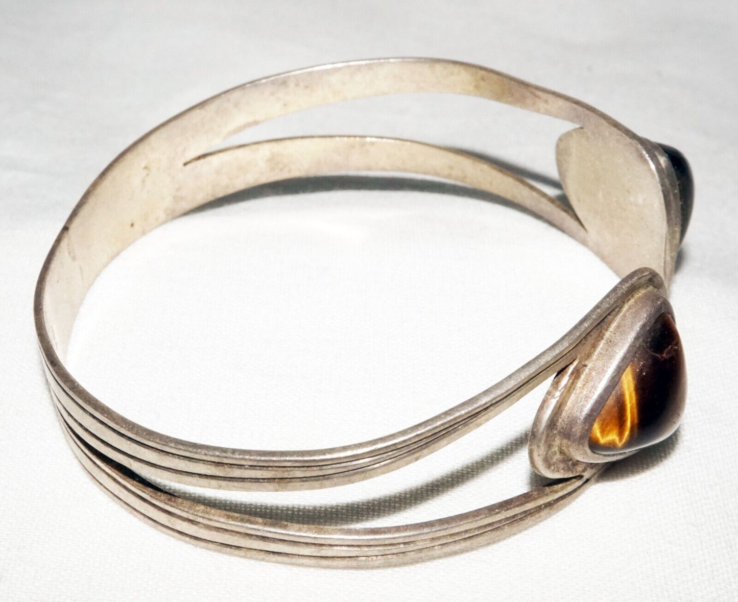 Vintage Swedish Modernist Sterling Silver Cuff Bracelet w. 2x Tigereye (ShI)