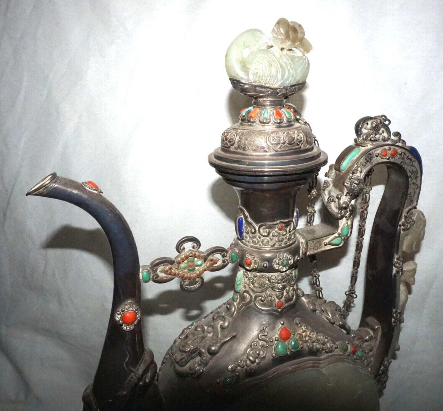 Mongolian Silver Ewer w. White Jade Plaques Dragon Hook Coral Turquoise (LeD)