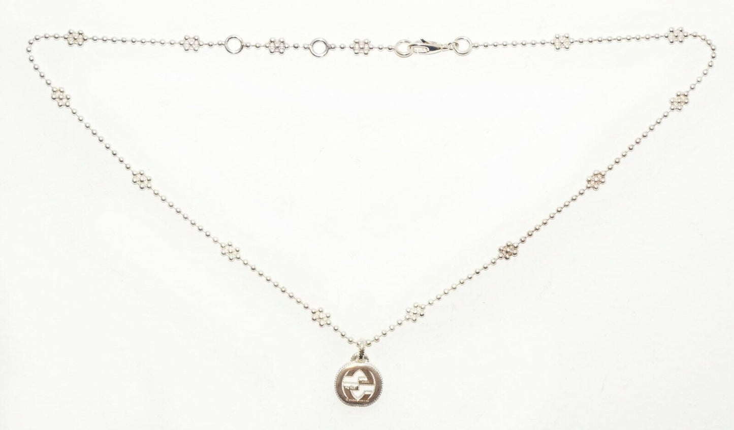 Italy Sterling Silver Interlocking G Pendant Necklace w Flower Chain Gucci (LeP)