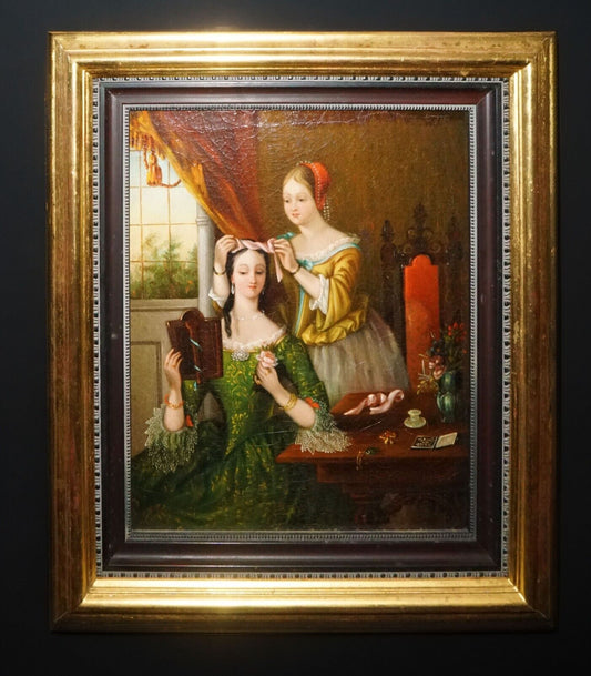 19C American Antebellum Oil- Ladies at Dressing Table Artist Unknown (KoR)