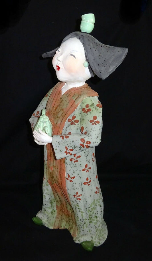 Hawaii Whimsical Pottery Sculpture "Celadon Waitress" by Vicky Chock (Z)
