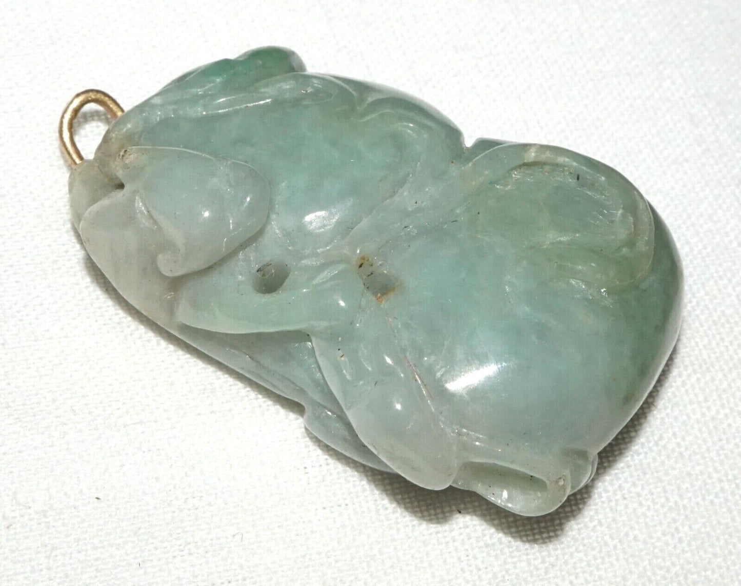 Vintage Chinese Double Gourd & Feline Motif Jadeite Jade Carved Pendant (AHB)