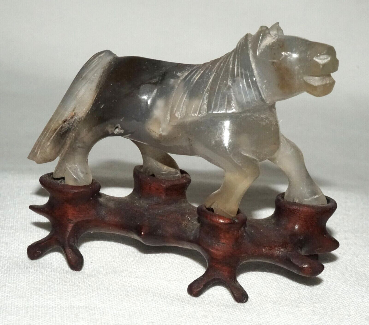 Vintage Chinese Gray & Purple Fluorite Carving Frolicking Horse on Stand (FeH)