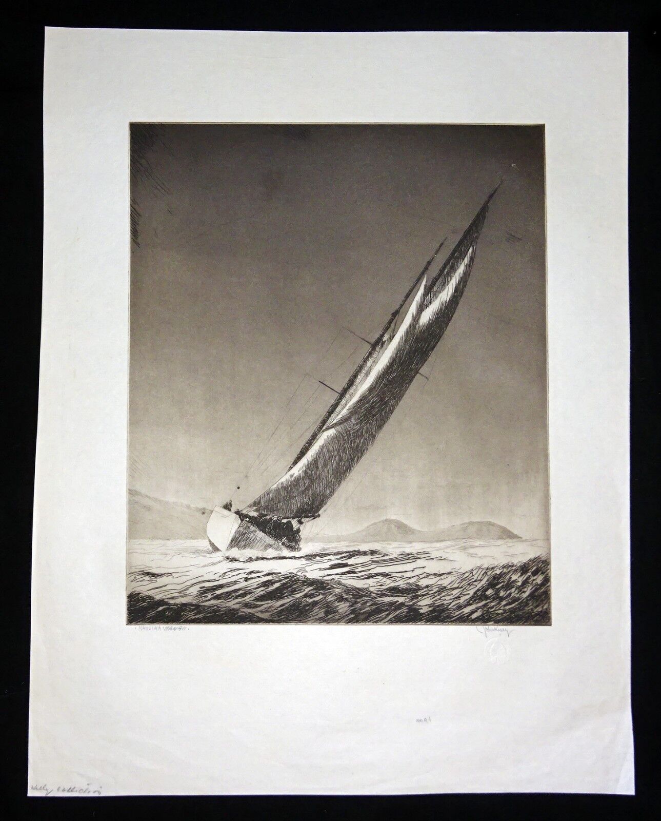 1932 Hawaii Aquatint Etching Print "Manuiwa Yacht" by John Melville Kelly (Kel)