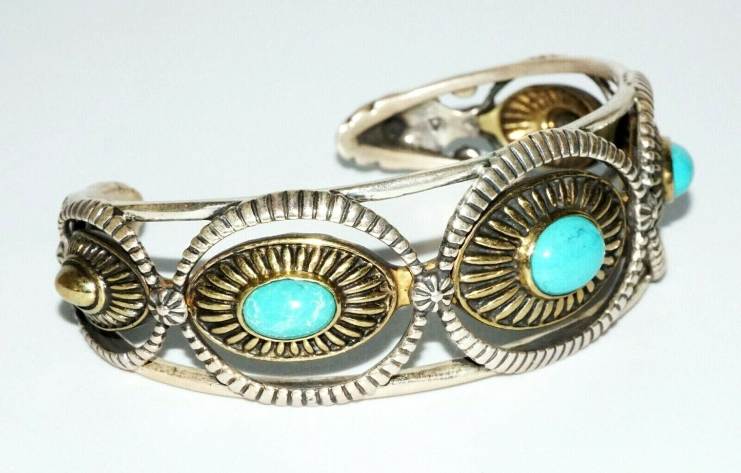 Vintage S.W. Sterling Silver & Brass Bracelet w. Turquoise by Relios (SaR)#218