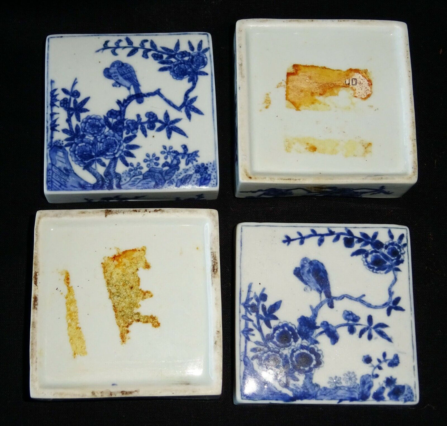 Pair 19C Chinese Blue & White Square Porcelain Boxes Bird & Flower Motif (HeN)