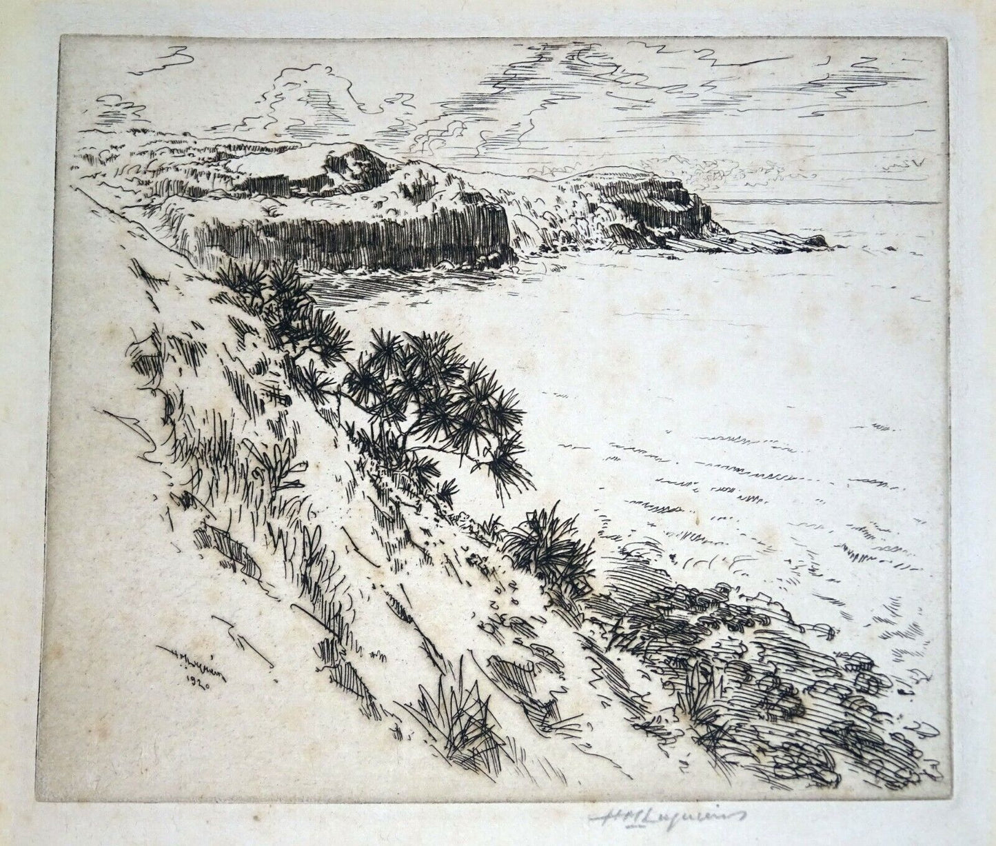 1920 Hawaii Etching Print "Cliffs at Kalihiwai, Kauai" by Huc M. Luquiens (ThB)